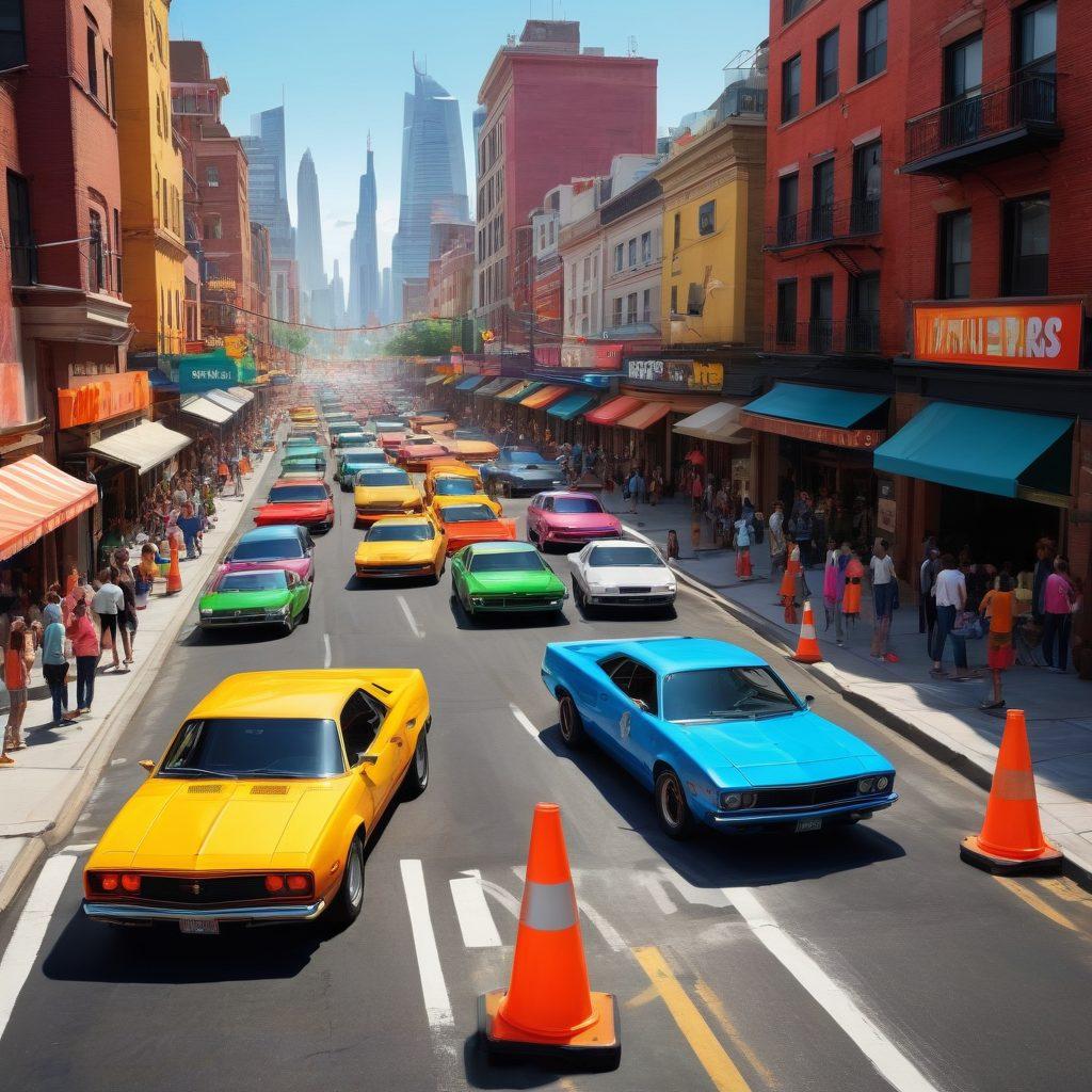 A dynamic scene showing a variety of colorful cars skillfully maneuvering through a vibrant urban parking lot filled with fun obstacles like cones and traffic signs, while excited players in diverse attire compete to park their vehicles. The background features a lively cityscape with playful graphics and cheering crowds. Emphasize a sense of movement and competition within the parking games. super-realistic. vivid colors. energetic atmosphere.