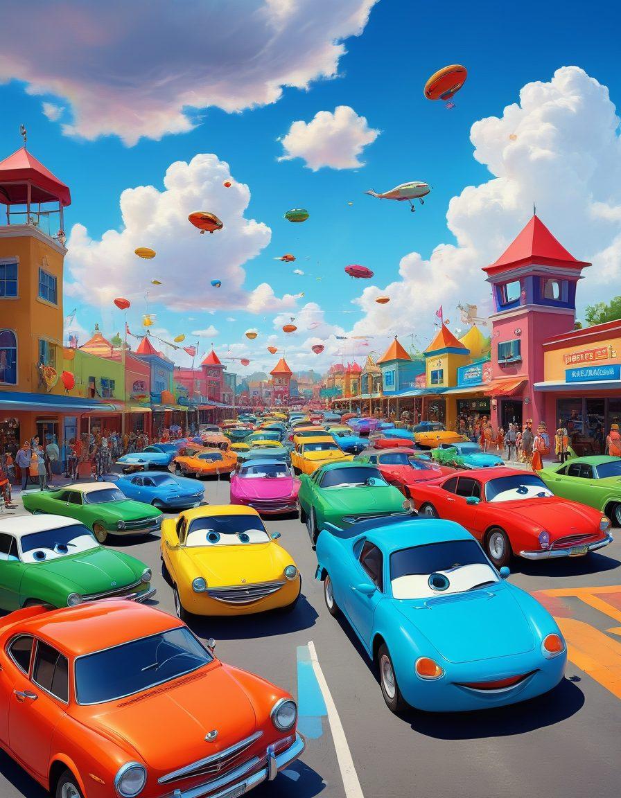 A vibrant scene of diverse cars parked in a colorful, whimsical parking lot where each car is uniquely designed, depicting joyful expressions. Surrounding the lot are playful characters engaging in fun challenges like obstacle courses and parking games, with a bright blue sky and cheerful clouds overhead. Highlight elements of joy, creativity, and excitement with lots of colors. cartoon style. vibrant colors. whimsical.