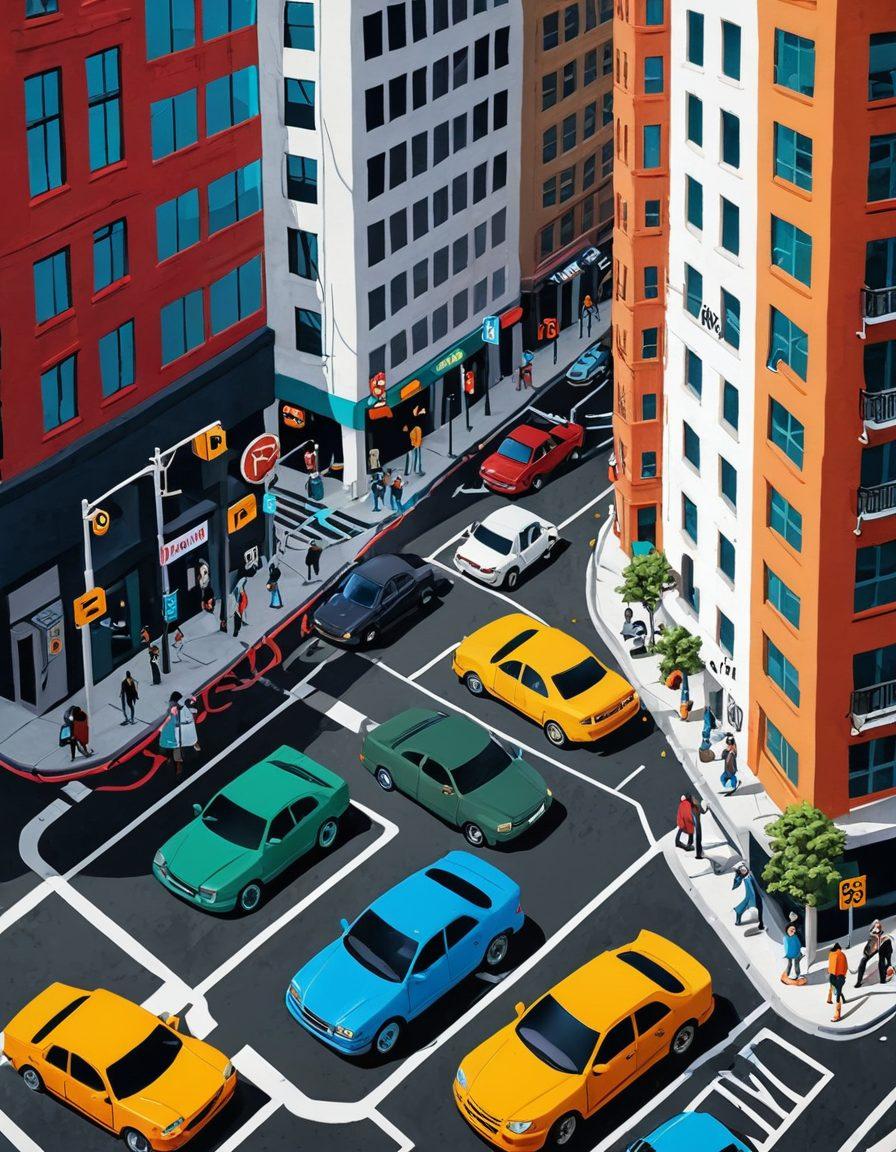 A vibrant cityscape bustling with activity, featuring cars of various colors and types parking in intricate spaces. Include playful challenge elements like quirky road signs and obstacles, with cartoonish characters navigating the parking maze. Capture the excitement and thrills of urban parking adventures with a bright, dynamic atmosphere. vector art. vibrant colors. white background.